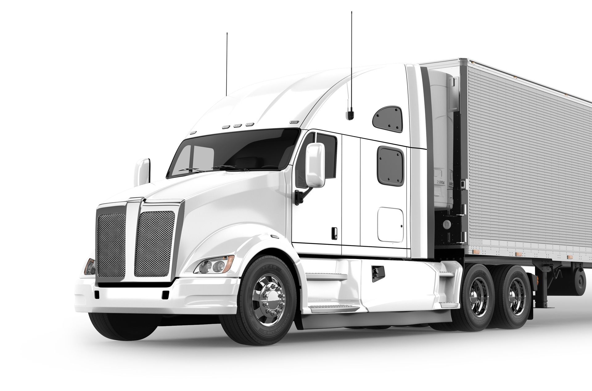 A white semi-truck with a trailer against a plain white background.