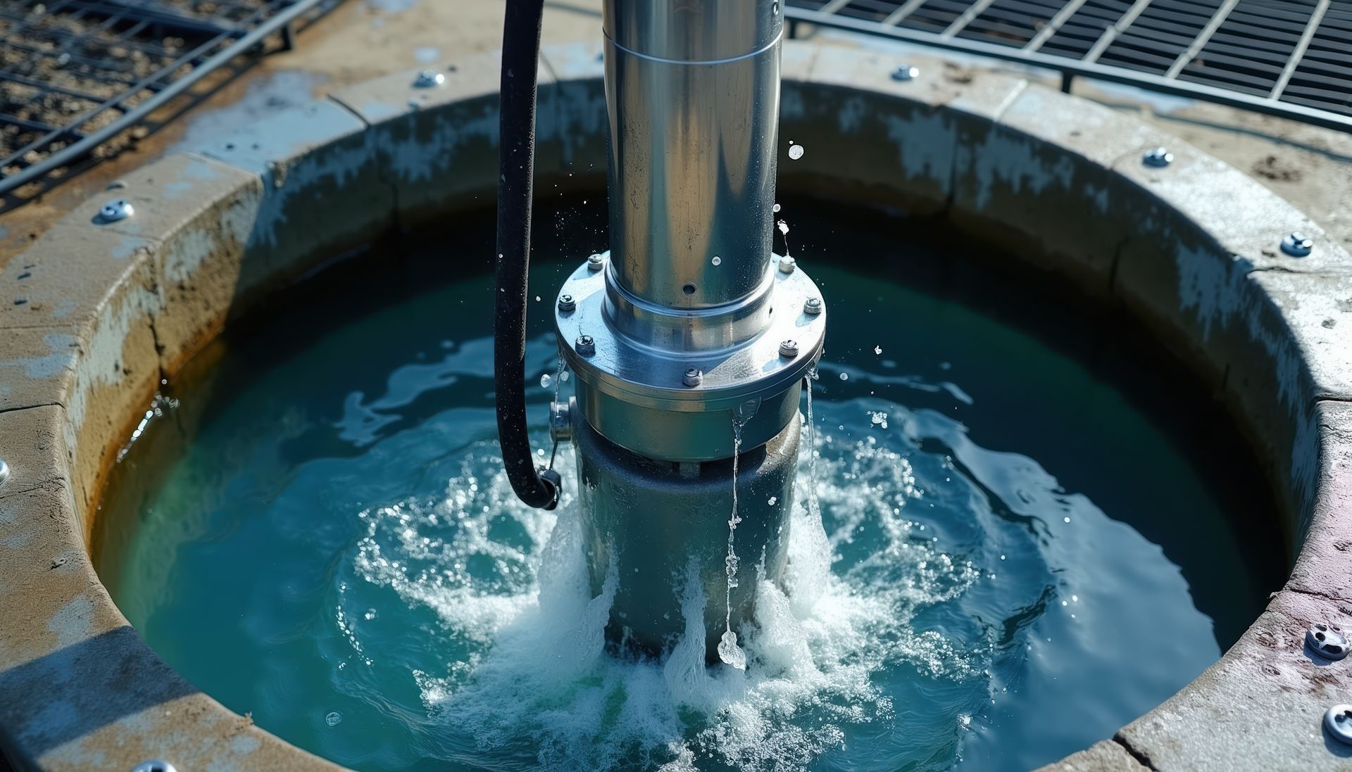 Metal pipe pouring water into a circular industrial tank with turquoise liquid and splashing foam