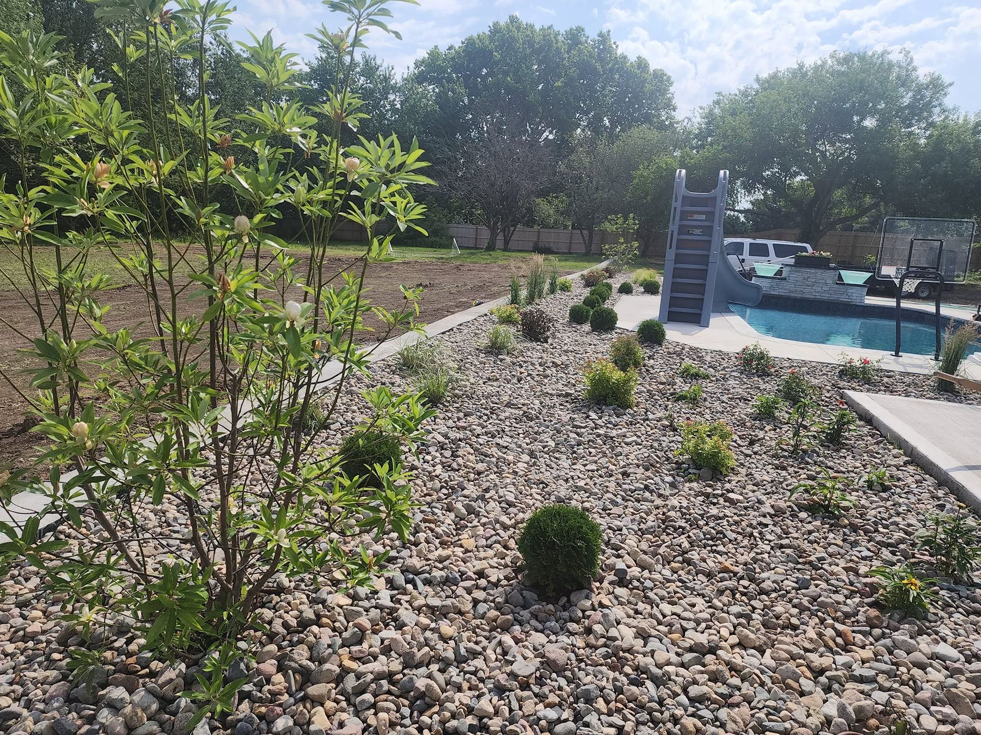 Rock-covered garden bed with small shrubs beside a blue swimming pool and deck chairs under trees