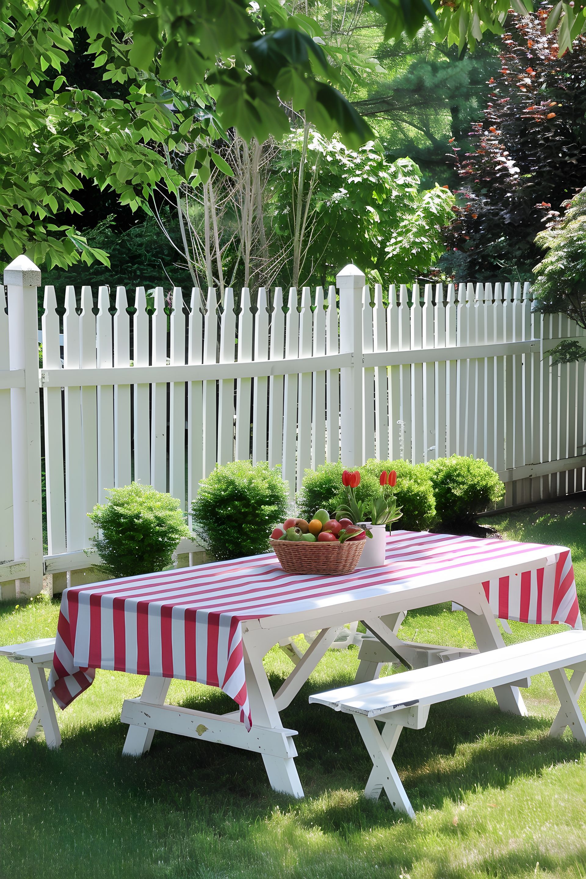 White picnic table with red-striped tablecloth and flowers beside a white fence in a sunny yard