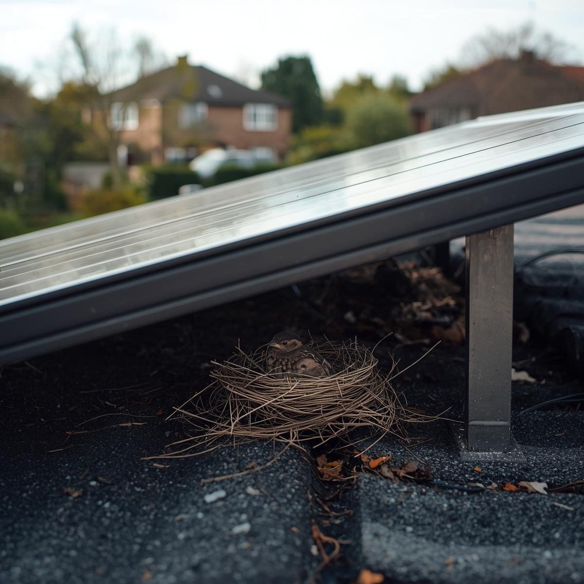 A bird sits in a nest tucked under a solar panel mounted on a dark, textured roof in rancho Cucamonga