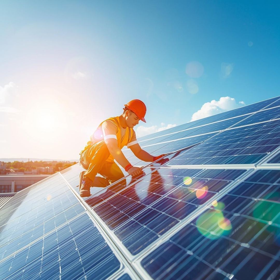 A technician in a hard hat and high-visibility vest works on cleaning solar panels on a sunny day.