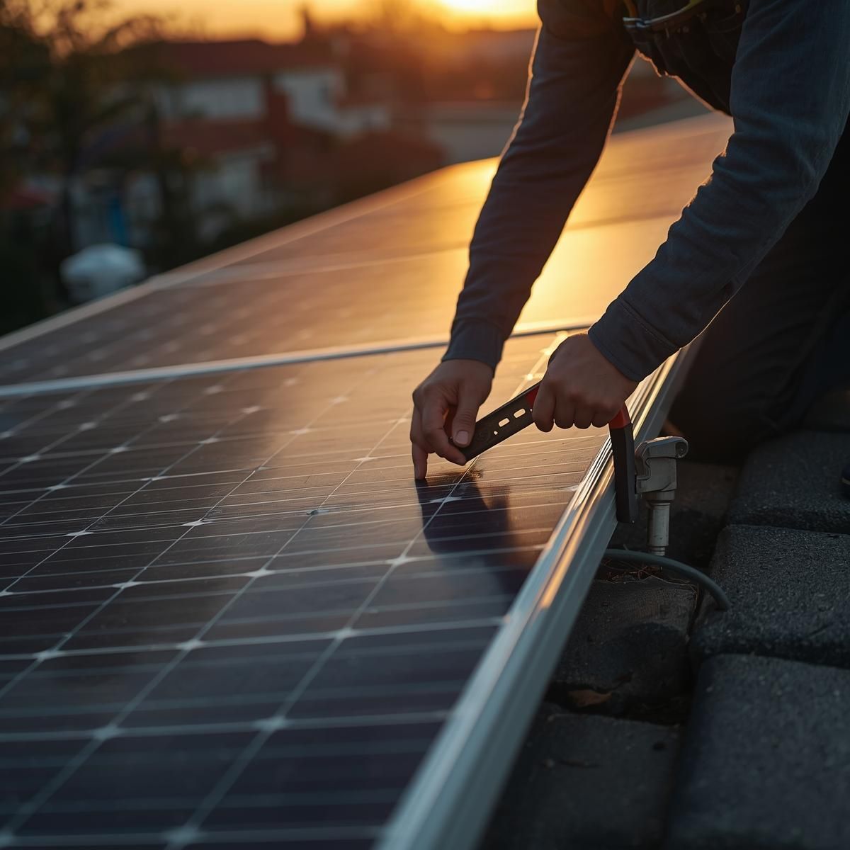 A person repairs solar panels on a residential roof during a golden hour sunset.
