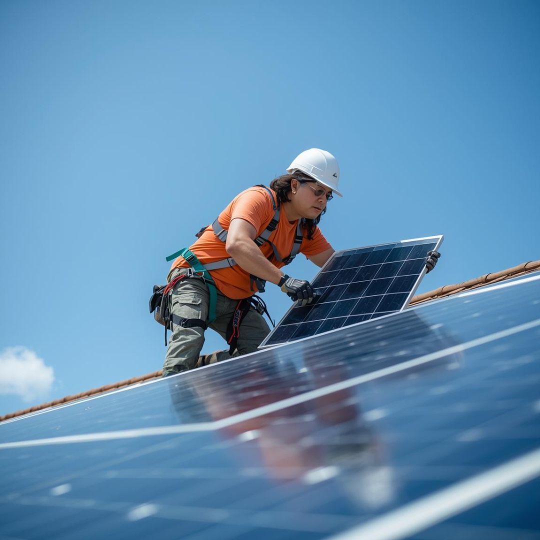 A technician wearing a hard hat and safety harness installs a solar panel on a sunny rooftop.