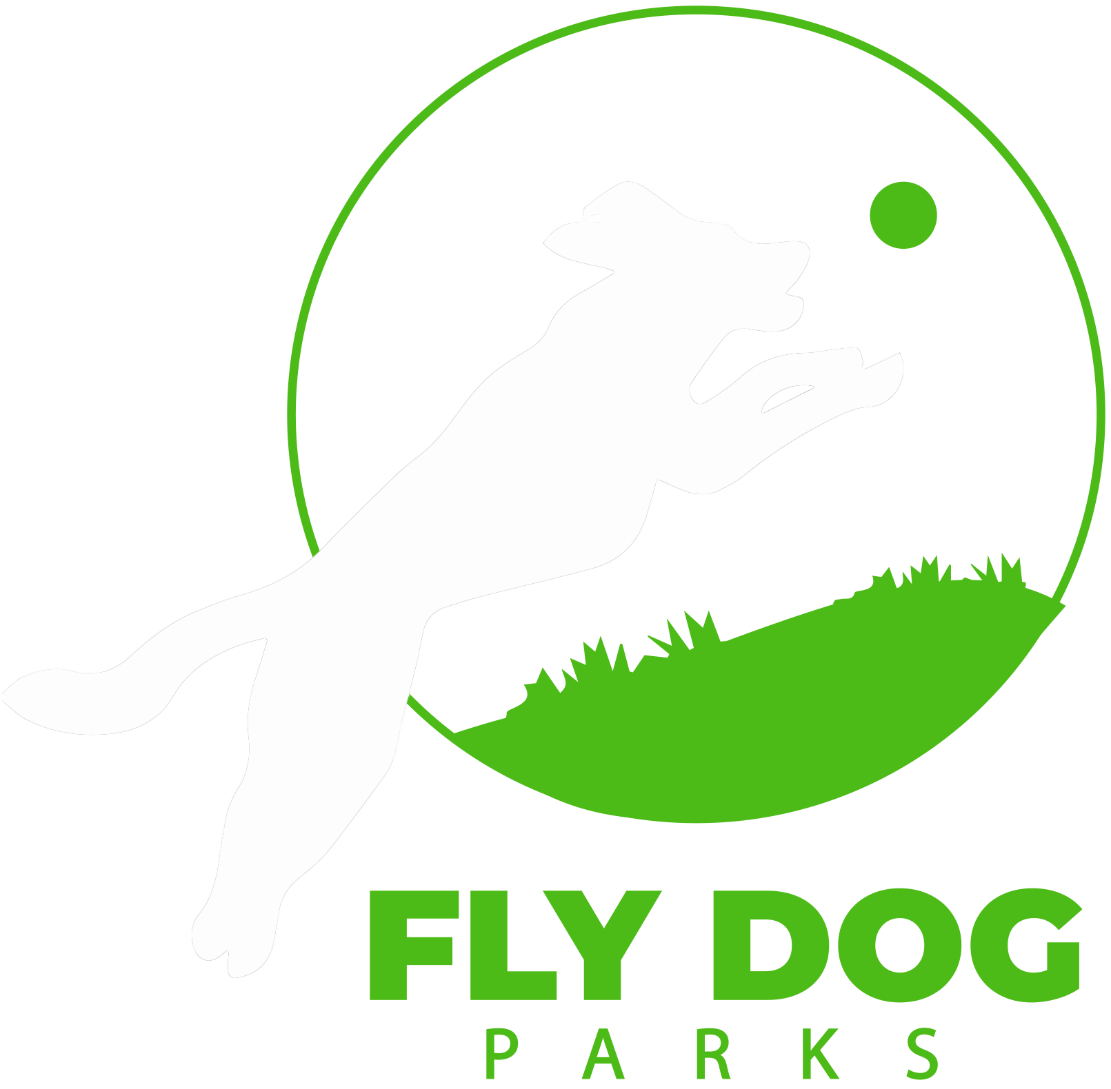 The logo for fly dog parks has a green circle with grass in it.