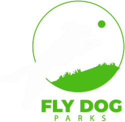 The logo for fly dog parks has a green circle with grass in it.