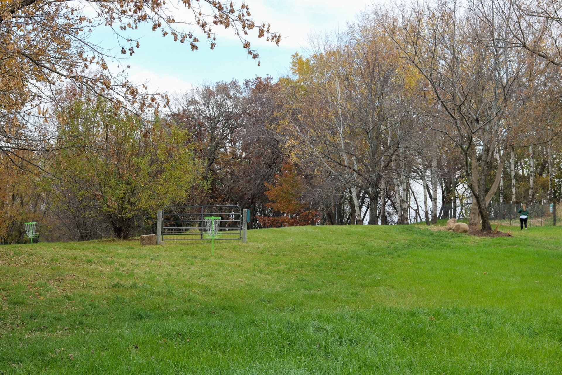 A park with a lot of grass and trees in the background.