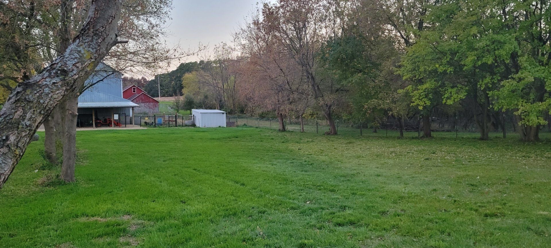 A large grassy field with trees and a barn in the background.