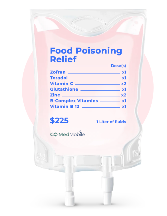 A bag of food poisoning relief is sitting on a table.