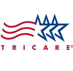 A red white and blue logo for tricare