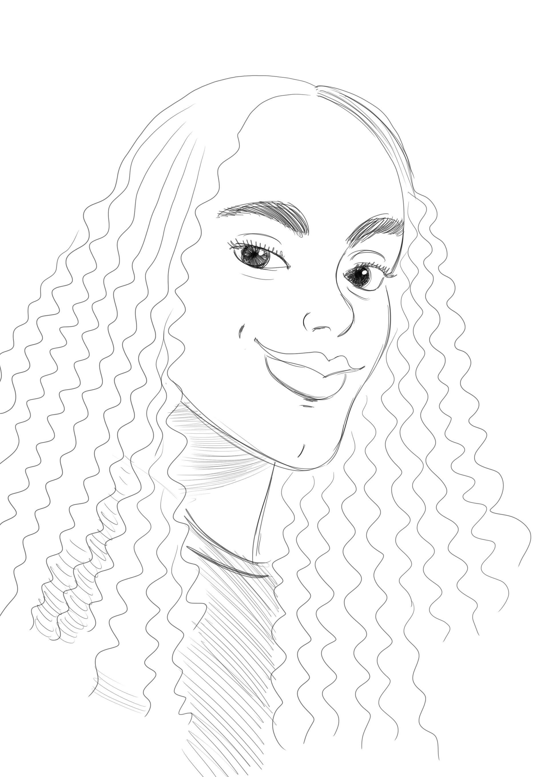 Sketch of a smiling person with curly hair, drawn in soft black line art on a white background