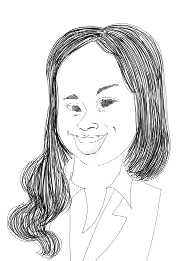 Black-and-white sketch of a smiling person with long wavy hair, wearing a blazer.