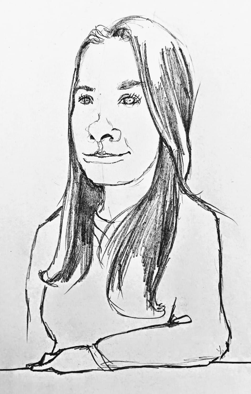 Black-and-white sketch of a person with long hair, resting their arms on a surface and faintly smiling.