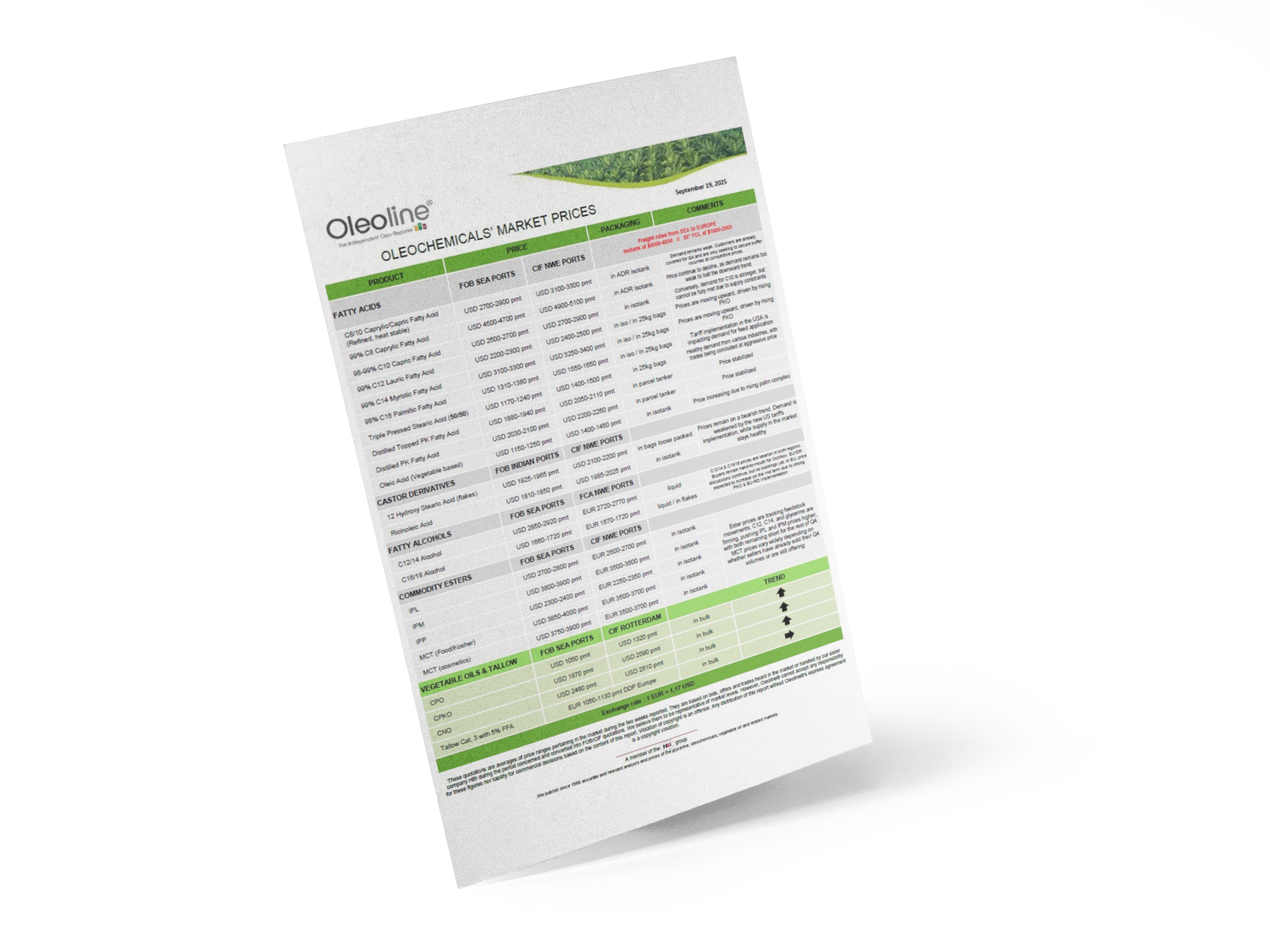 Oleochemicals market prices chart, includes products, prices, packaging, and comments.