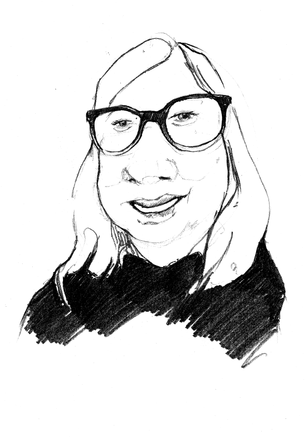 Un dessin en noir et blanc d'une femme portant des lunettes et un pull noir.