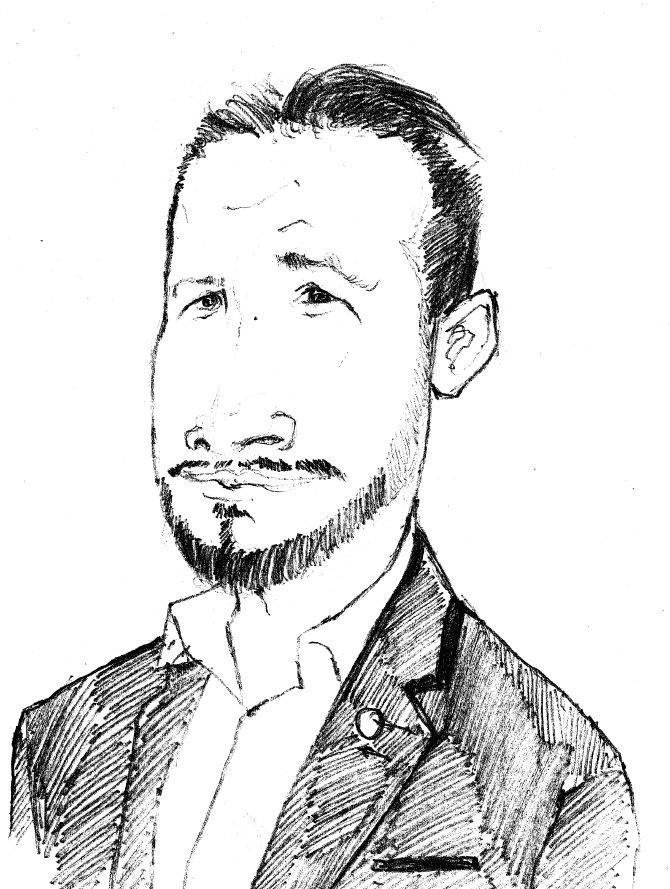 Un dessin en noir et blanc d'un homme avec une barbe portant un costume et une cravate.