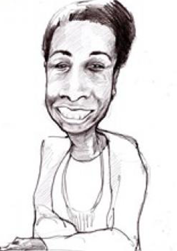 Un dessin en noir et blanc d'une femme souriante avec les bras croisés.