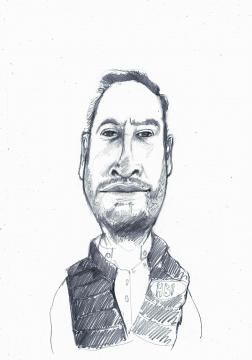 Un dessin en noir et blanc d'un homme avec une barbe portant un gilet.