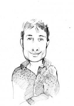 Un dessin en noir et blanc d'un homme avec les bras croisés.
