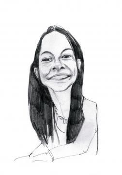 Un dessin en noir et blanc d'une femme aux cheveux longs souriant.