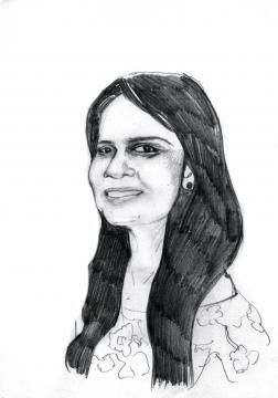 Pencil sketch portrait of a smiling person with long dark hair, wearing a patterned top.