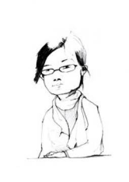 Un dessin en noir et blanc d'une femme portant des lunettes.