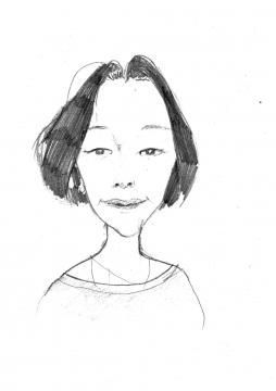 Un dessin en noir et blanc d'une femme aux cheveux courts.