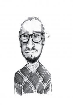 Un dessin en noir et blanc d'un homme avec des lunettes et une barbe.