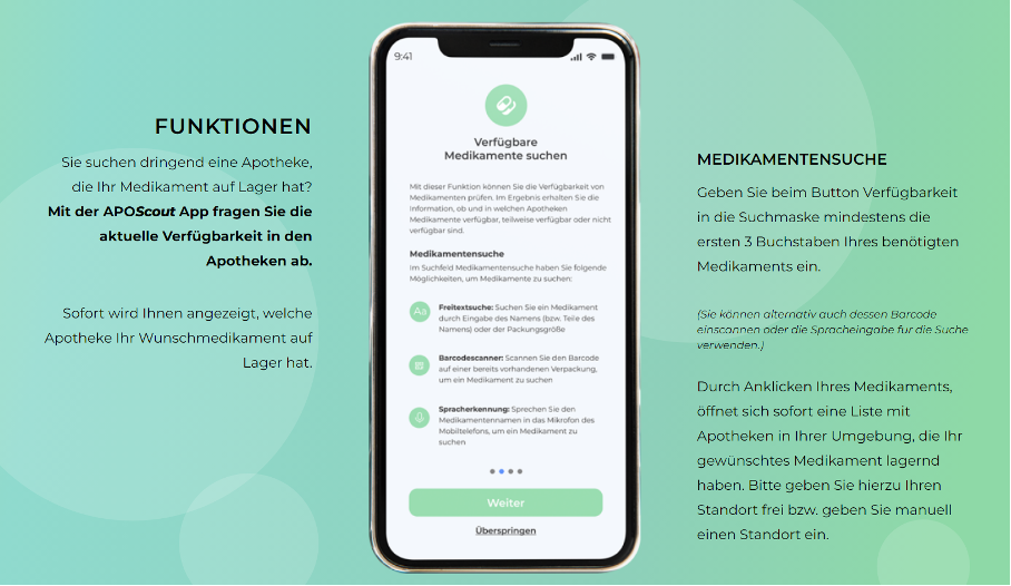 App-Werbung mit einem Telefon-Mockup auf mintgrünem Hintergrund und Feature-Textblöcken