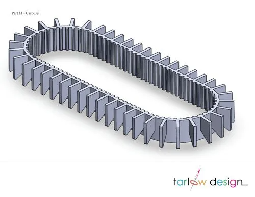 3D CAD model of a carousel conveyor component, designed by Tarlow Design for automated systems and industrial applications.