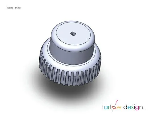 3D CAD model of a precision-engineered pulley, designed by Tarlow Design for mechanical systems and prototyping.