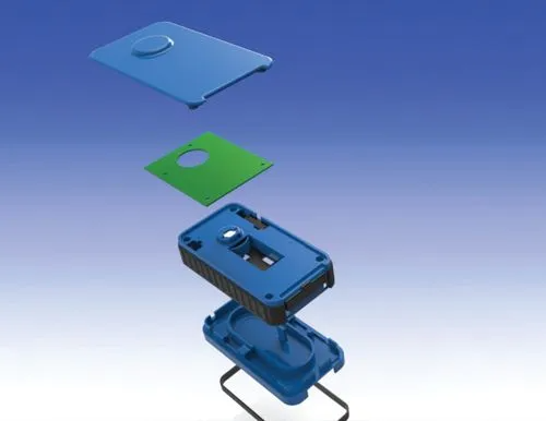 Exploded view of a multi-part product assembly, showcasing Tarlow Design’s expertise in CAD modeling and engineering design.