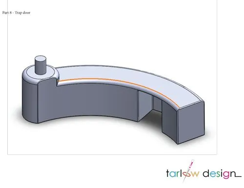 3D CAD rendering of a curved trap door component, designed by Tarlow Design for precision engineering solutions.