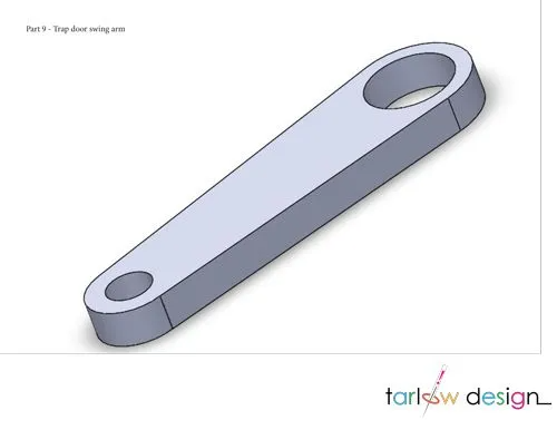 Precision-engineered CAD model of a trap-door swing arm, developed by Tarlow Design for mechanical applications.
