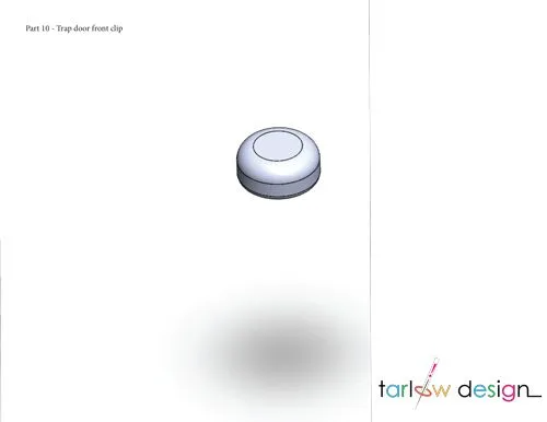 Engineered CAD drawing of a trap-door front clip, showcasing detailed design work by Tarlow Design.
