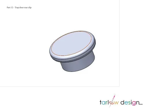 3D CAD rendering of a trap-door rear clip designed by Tarlow Design for product engineering and prototyping.