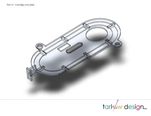 CAD-engineered cartridge cover plate with precision design by Tarlow Design.
