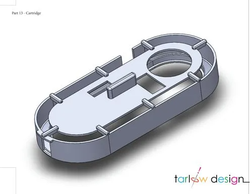 CAD-engineered 3D cartridge model with detailed cutouts and protrusions.
