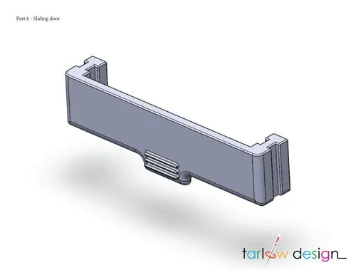 3D CAD design of a sliding door component with grooved detailing, engineered by Tarlow Design.