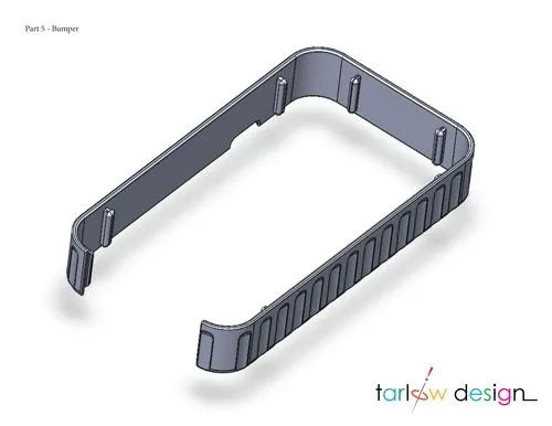 3D CAD design of a protective bumper component with a ribbed exterior, engineered by Tarlow Design.