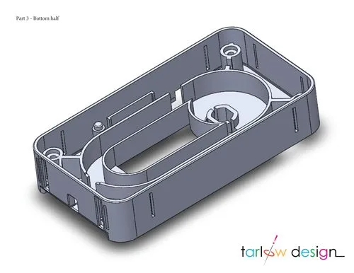 3D CAD design of a rectangular bottom casing component with internal structural features, engineered by Tarlow Design.