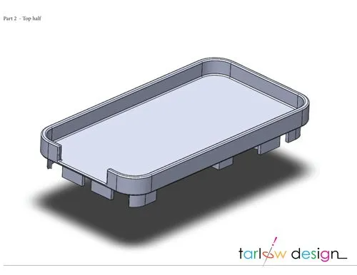 3D CAD design of a rectangular top casing component with integrated mounting features, engineered by Tarlow Design.