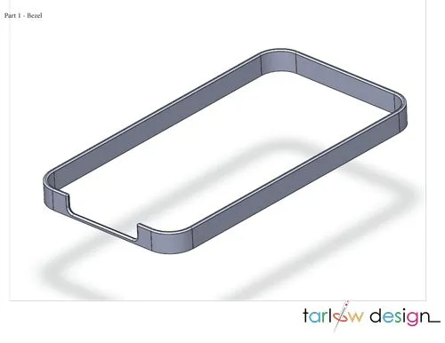 3D CAD design of a thin rectangular bezel component with rounded corners, engineered by Tarlow Design.