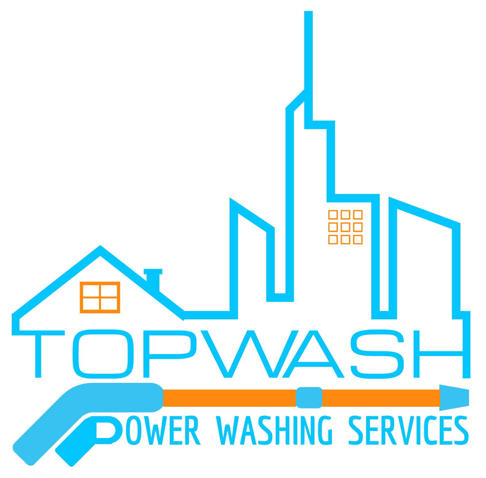 Logo for TopWash Power Washing Services with blue house and city skyline, orange accents, and water hose graphic