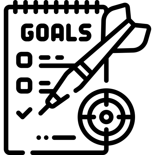 A black and white icon of a notebook with goals and a dart.
