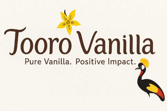 Tooro Vanilla logo: Brown text with a vanilla flower and a crowned crane illustration. 