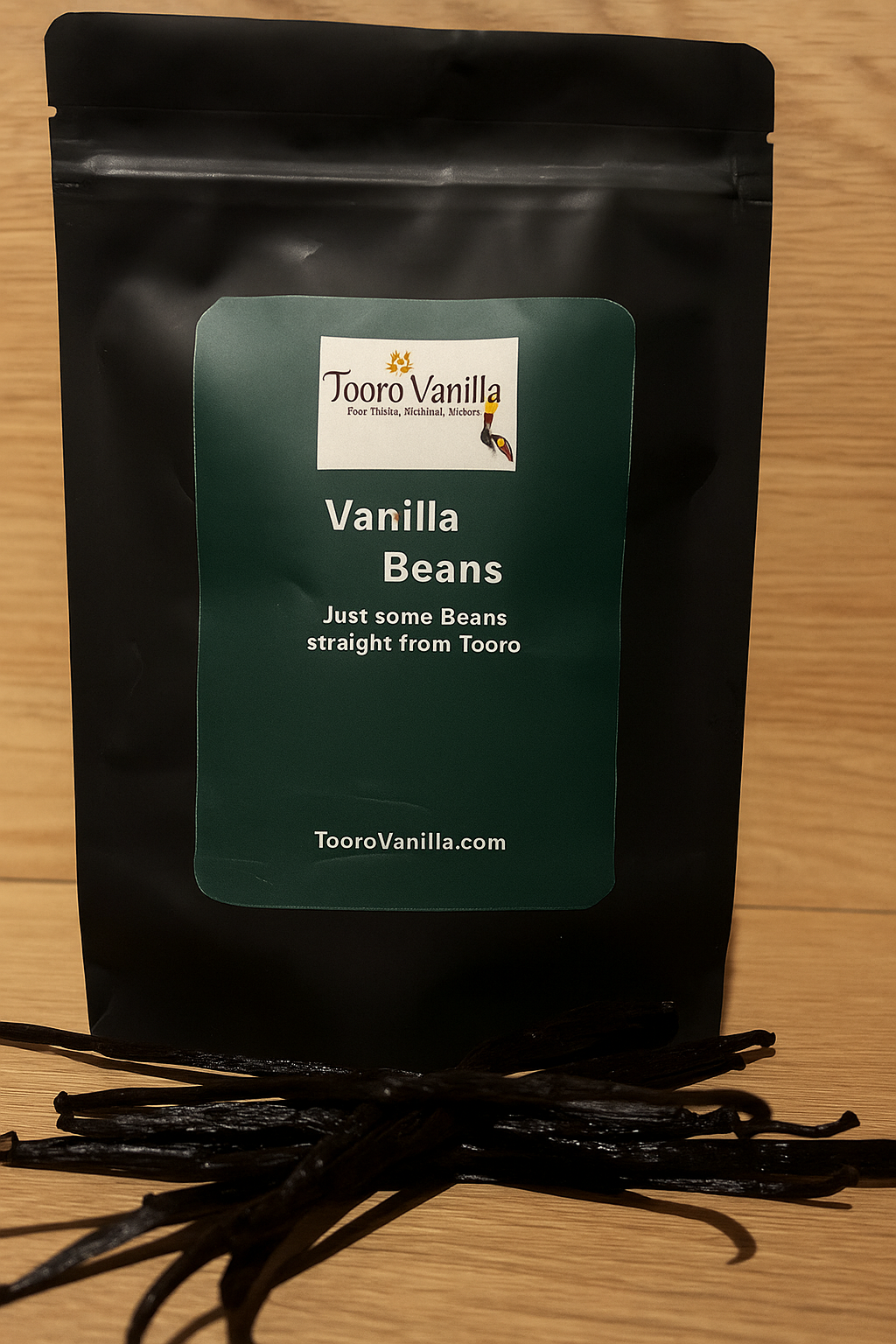 Black bag of vanilla beans with a green label on a wooden surface.