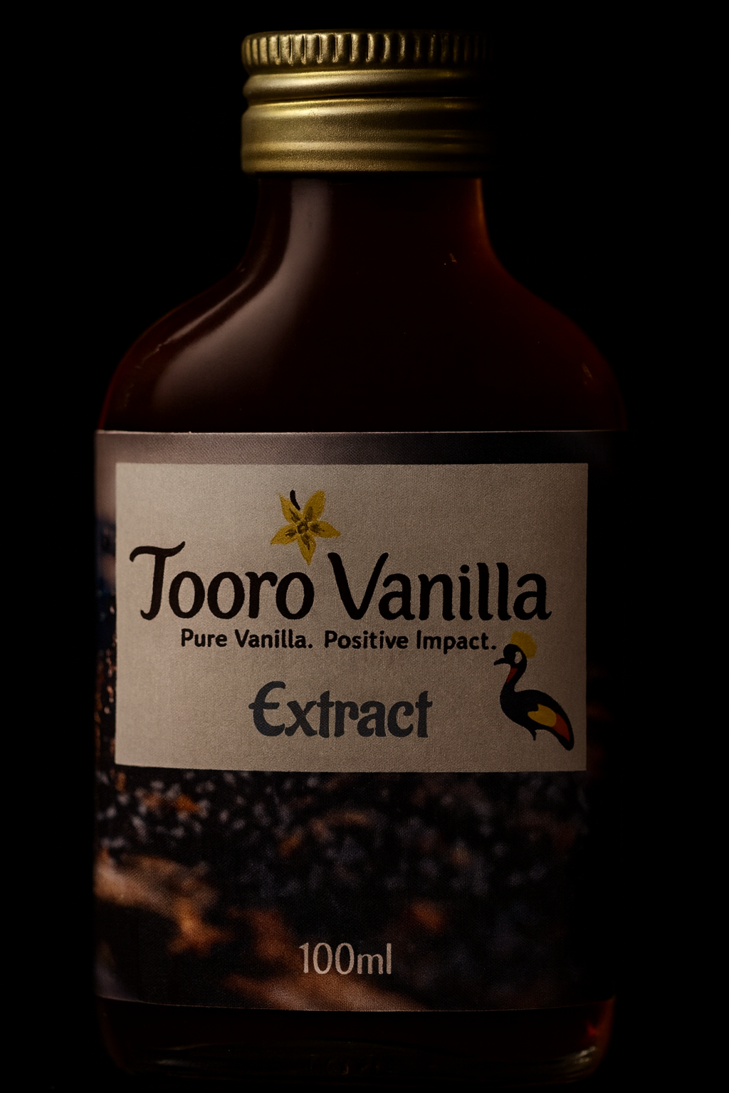 Bottle of Tooro Vanilla extract, dark liquid, label with logo and text.