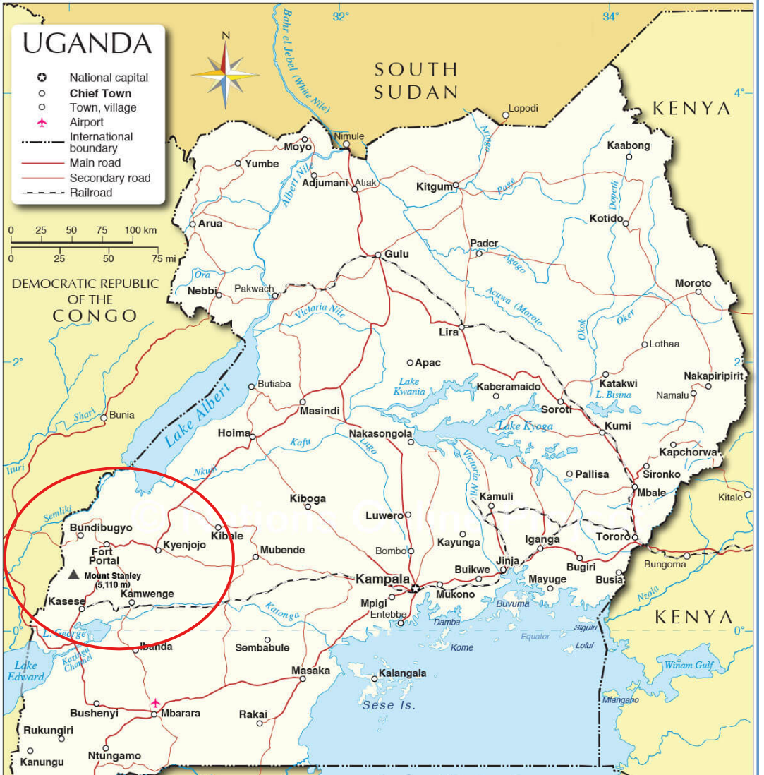 Map of Uganda, highlighted area showing the location of the Rwenzori Mountains National Park.