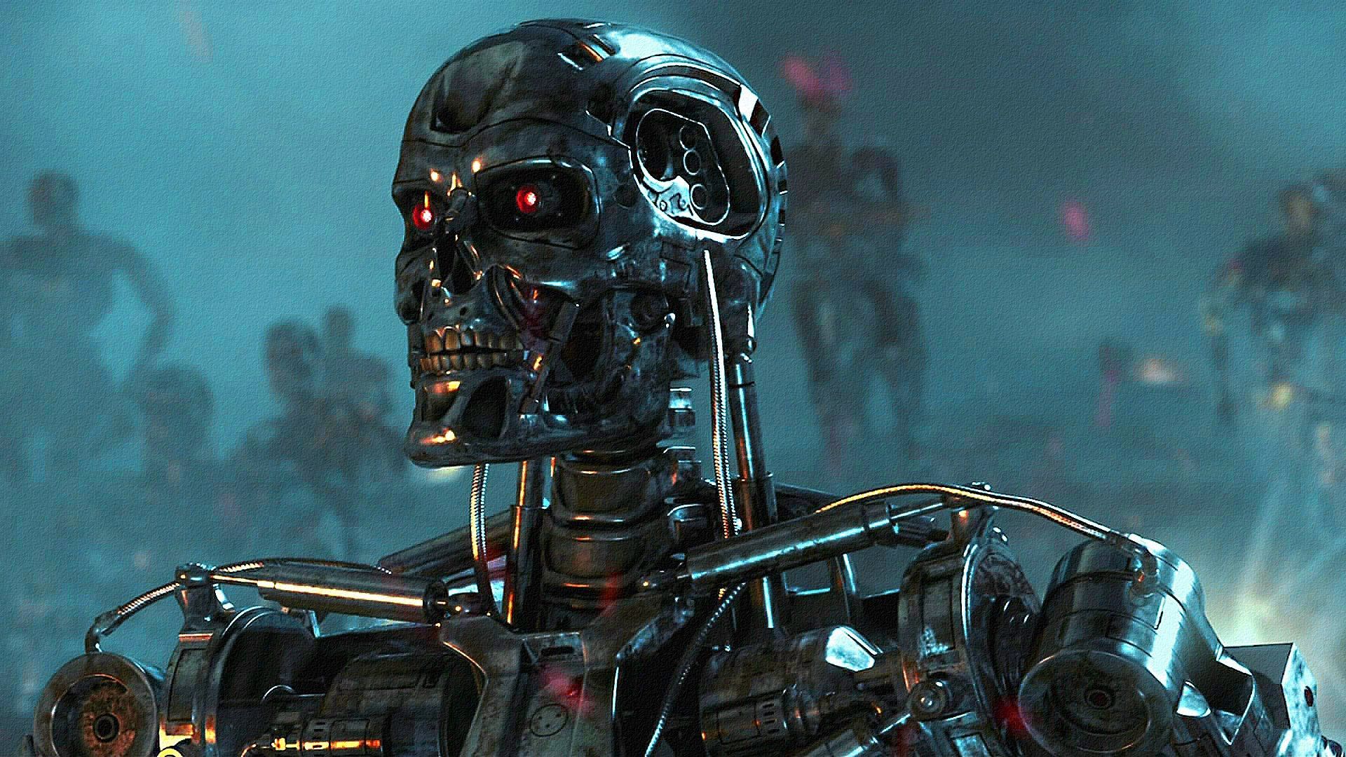 A close up of a robot with a skull and red eyes